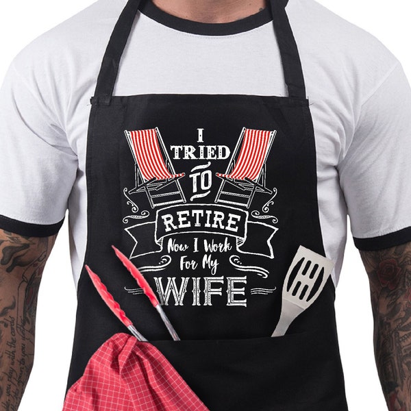 Retirement Gifts for Men - Husband- Dad - Funny BBQ Apron Gift Idea Present 100% Cotton 2 Pockets
