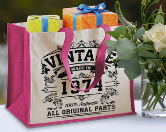 50th Birthday Original Vintage Jute Bag Keepsake Gift For Her Birth Year 1974 Gift Bag Shopper Travel Bag - Available in 4 Colours & 2 Sizes