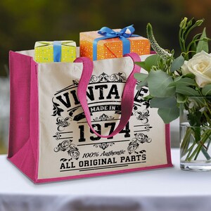 50th Birthday Original Vintage Jute Bag Keepsake Gift For Her Birth Year 1974 Gift Bag Shopper Travel Bag Available in 4 Colours & 2 Sizes image 1