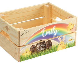 Personalised Easter Egg Crate For Kids - Children's Egg Hunt Hamper - Easter Bunny Treat Basket Gifts For Easter Party - Rainbow