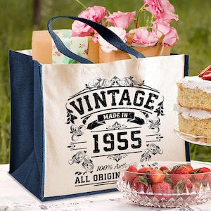 Mums 70th birthday Jute gift Bag, vintage 1955 - birth year keepsake for women mom, Grandma sister Auntie