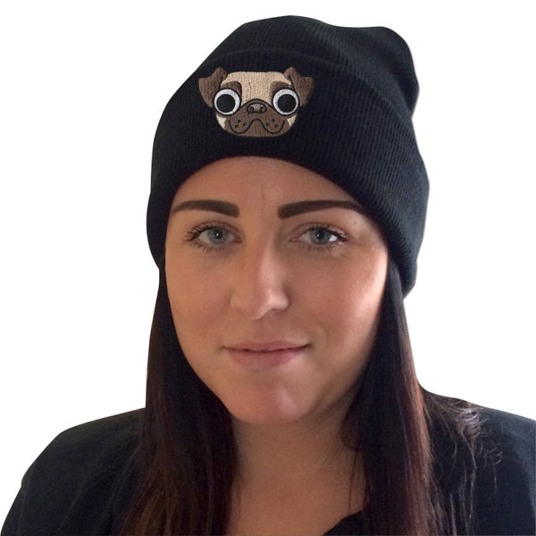 Cute Pug Beanie - Pug Hat Gift for Her Him - Embroidered Winter Beanie Hat for Women - Pug Face