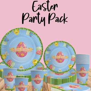 Set di stoviglie per feste di caccia alle uova di Pasqua per bambini, compleanno di figli e figlie, decorazioni a tema coniglietti, tovaglioli usa e getta per torte, piatti, tazze