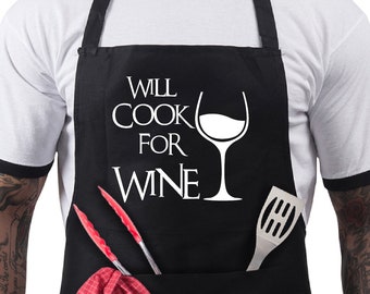 Funny BBQ Apron Grilling Gift wine lover - Fathers Day Gift - BBQ Will Cook For Wine - Barbecue Grill Gift For Men