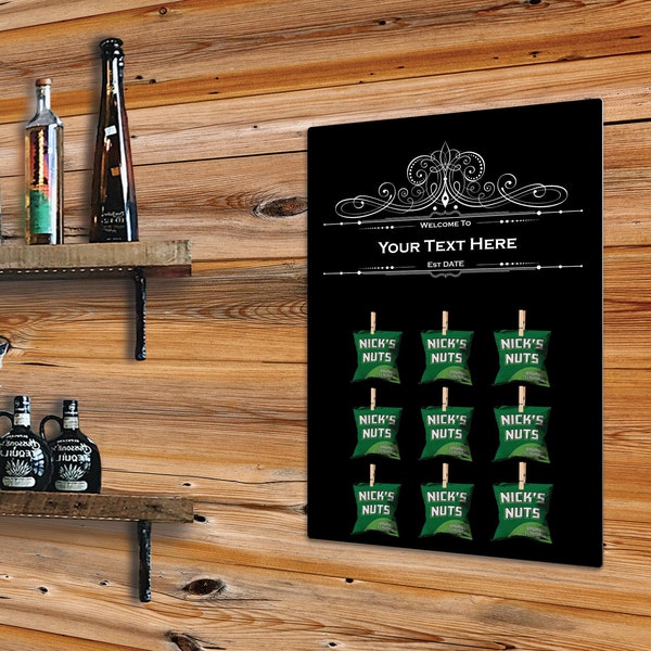 Personalised Metal Bar Snack Board - Refillable Wall Dispenser For 9 Snack Bags - Gift Ideas For Home Bar Accessories & Decor In Man Cave