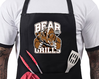 Funny BBQ Apron Grilling Gift - Novelty Fathers Day Grilling Gift - BBQ Bear Grills - Barbecue Grill Gift For Men