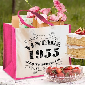 70th Birthday Gift For Women Mum Sister - Vintage 1955 Jute Tote Bag - Birth Year Keepsake For Grandma, Nan Auntie