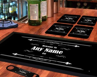 Personalised Bar Runner Mat, Beer Coasters, Bottle Opener Gift Set, Home Bar Accessories, Pub Decorations - Dad Father’s Day,