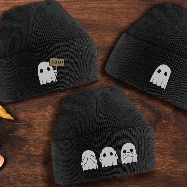 Embroidered Ghost Halloween Beanie Hat - Cute Boo! Ghost, See No Hear No Speak No Ghost - Knit Beanie For Adults & Kids -3 Designs Available