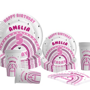 Decorazioni per feste a tema arcobaleno boho rosa personalizzate, stoviglie per compleanni per bambini, piatti di carta, bicchieri e tovaglioli per torte