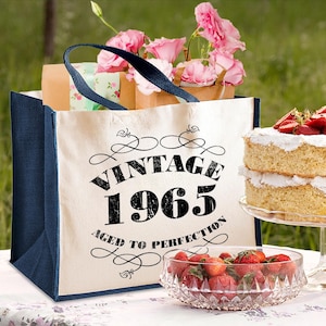 Cadeau du 60e anniversaire pour femme - Sac en jute vintage 1965 pour femme - Cadeaux souvenir du soixantième anniversaire pour maman, grand-mère, grand-mère et fille