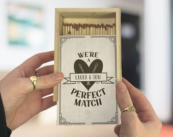 Personalised Couples Large Wooden Matchbox The Perfect Match, Couples Gift 5th Wedding Anniversary, Gift of Wood - Includes 45 matches