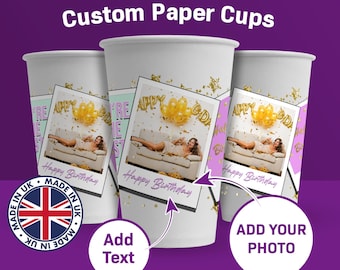 Personalised Photo Birthday Party Accessories Paper Cups Pack of 50 - Disposable Drinking Cups For Her Celebration Table Decor For Parties