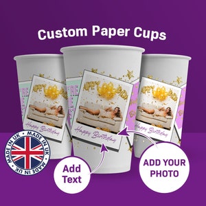 Personalised Photo Birthday Party Accessories Paper Cups Pack of 50 - Disposable Drinking Cups For Her Celebration Table Decor For Parties