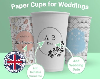 Personalised Wedding Favor Cups Pack of 100, Paper Cups Bar Reception, Engagement Bachelorette Customized Cups - Minimalist Modern Wedding