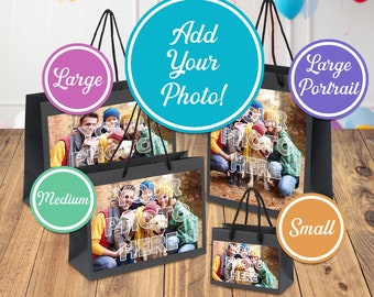 Personalised Photo Gift Bag, Custom Upload Your Own Photo Black Gift Bags, Pack of 3 Or 5 Gift Bags