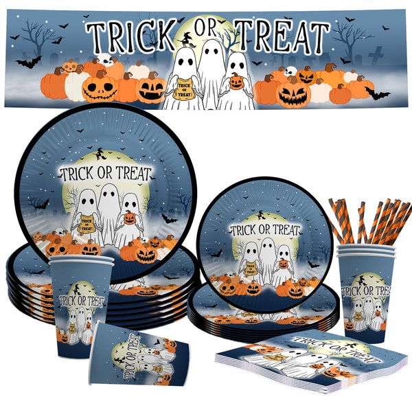 Halloween Party Trick Or Treat Ghost & Pumpkins Tableware Decoration Spooky Parties Cups, Plates, Napkins, Banner, Straws Packs of 6 or 12