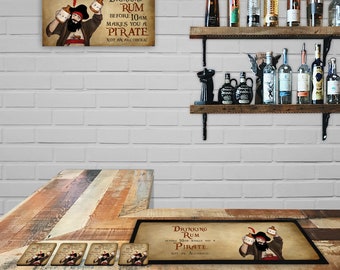 Bar Runner Mat Set for Pub & Home Bar Man Cave, Matching Metal Bar Sign, 4 Pack of Drinks Coasters - Bar Gift Accessories