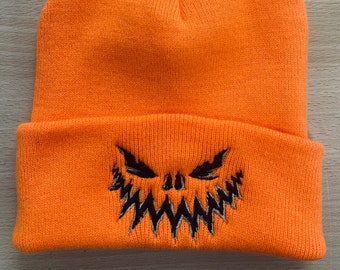 Embroidered Halloween Beanie Hat - Spooky Jack-O-Lantern Pumpkin - Knit Beanie For Adults & Kids