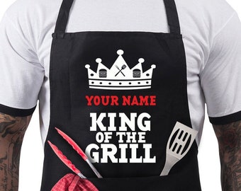 Personalised BBQ Aprons for Men, Funny Cooking Chef Apron  Adjustable with 2 Pockets- Birthday, Christmas, Gifts For Him - King of the Grill