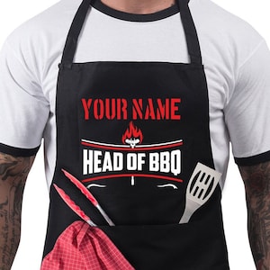 Personalised BBQ Apron for Men, Funny Barbeque Cooking Chef Apron-Adjustable with 2 Pockets-Birthday, Christmas, Gifts For Him- Head Of BBQ