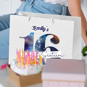 Borsa regalo personalizzata per il 16° compleanno per ragazze adolescenti, grande, media e piccola, riciclata, ecologica, galassia, spazio, regalo per lei e lui