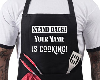 Personalised BBQ Apron for Men Funny Barbeque Chef Apron-Adjustable with 2 Pockets-Birthday Christmas Gift For Him - Stand Back _ Is Cooking