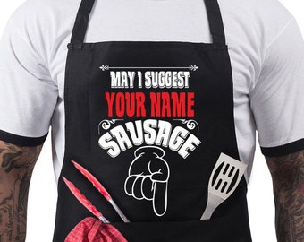 Personalised BBQ Apron for Men, Funny Cooking Chef Apron-Adjustable with 2 Pockets-Birthday, Christmas, Gifts For Him- May I Suggest Sausage