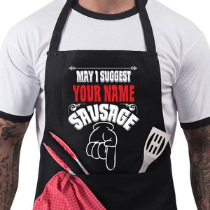 Personalised BBQ Apron for Men, Funny Cooking Chef Apron-Adjustable with 2 Pockets-Birthday, Christmas, Gifts For Him- May I Suggest Sausage