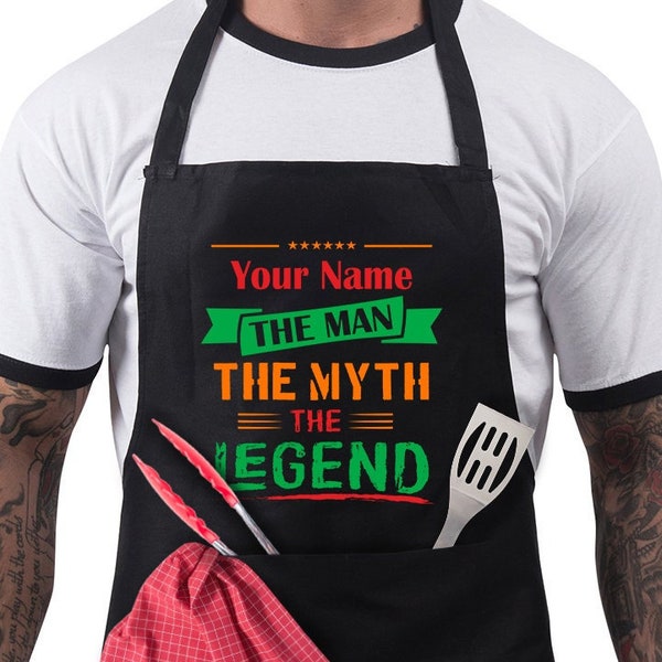 Personalised BBQ Apron for Men Funny Barbeque Chef Apron -Adjustable with 2 Pockets -Birthday Christmas Gift For Him - The Myth, The Legend