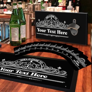 Personalised Home Bar Gift set, bottle opener, Beer Mats coasters,cocktail Bar Runner Mat ideas Accessories for Home Pub sign