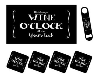 Personalised Bar Runner Mat, Matching Bottle Opener & 4 x Drinks Coasters Gift Set. Accessories for home Bars - WINE - ADD TEXT