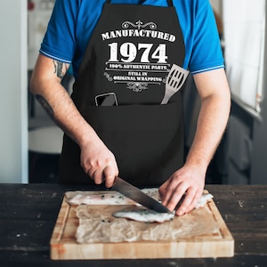 50th Birthday Gifts for Men Him Dad Husband BBQ Cooking Apron 100% Cotton 2 Pockets Manufactured 1974 image 7