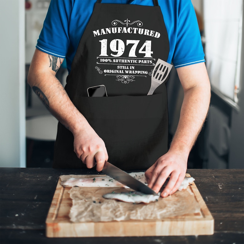 50th Birthday Gifts for Men Him Dad Husband BBQ Cooking Apron 100% Cotton 2 Pockets Manufactured 1974 image 7