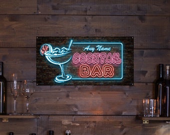 Personalised Neon Printed Bar Sign - Cocktail Light Effect Metal Sign Plaques - Accessories for Home Pub Bars - Add Name/Text