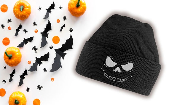 Embroidered Skeleton Halloween Beanie Hat - Scary Spooky Skull
