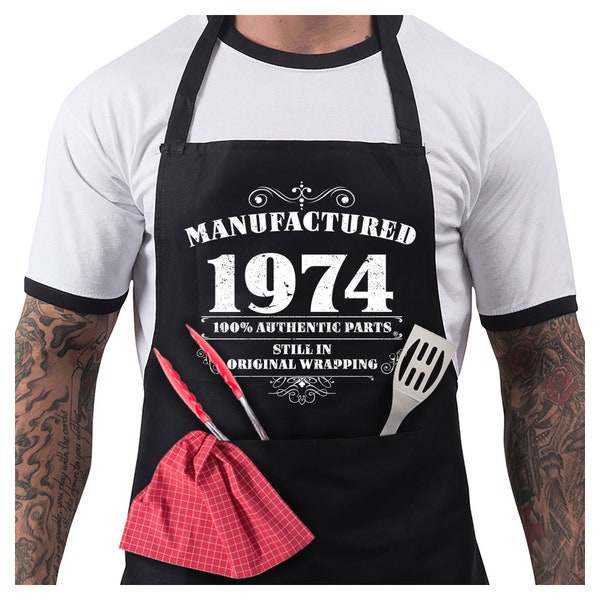 50th Birthday Gifts for Men Him Dad Husband BBQ Cooking Apron 100% Cotton 2 Pockets - Manufactured 1974