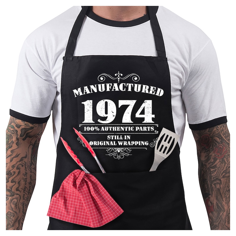 50th Birthday Gifts for Men Him Dad Husband BBQ Cooking Apron 100% Cotton 2 Pockets Manufactured 1974 image 1