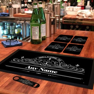 Personalised Home Bar Gift Set For Him Bar Runner Mat, Pack of 4 Beer Mat Coasters & Bottle Opener Bar Accessories For Man Cave, Garden Bar