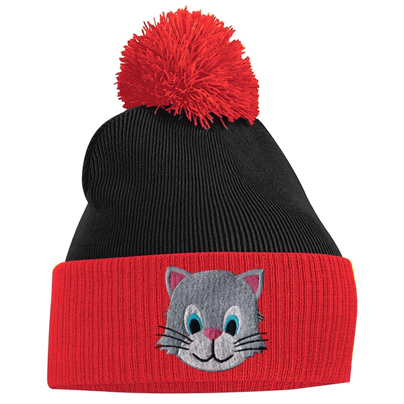 Pom Pom Beanie Hats for Men Kitten Cat Bobble Hats Embroidered Etsy UK