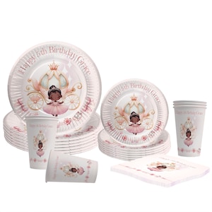 Set di stoviglie per feste da principessa, compleanno delle figlie, nome personalizzato, età, bambini, tema delle fiabe, decorazioni, tovaglioli per torte, piatti, tazze