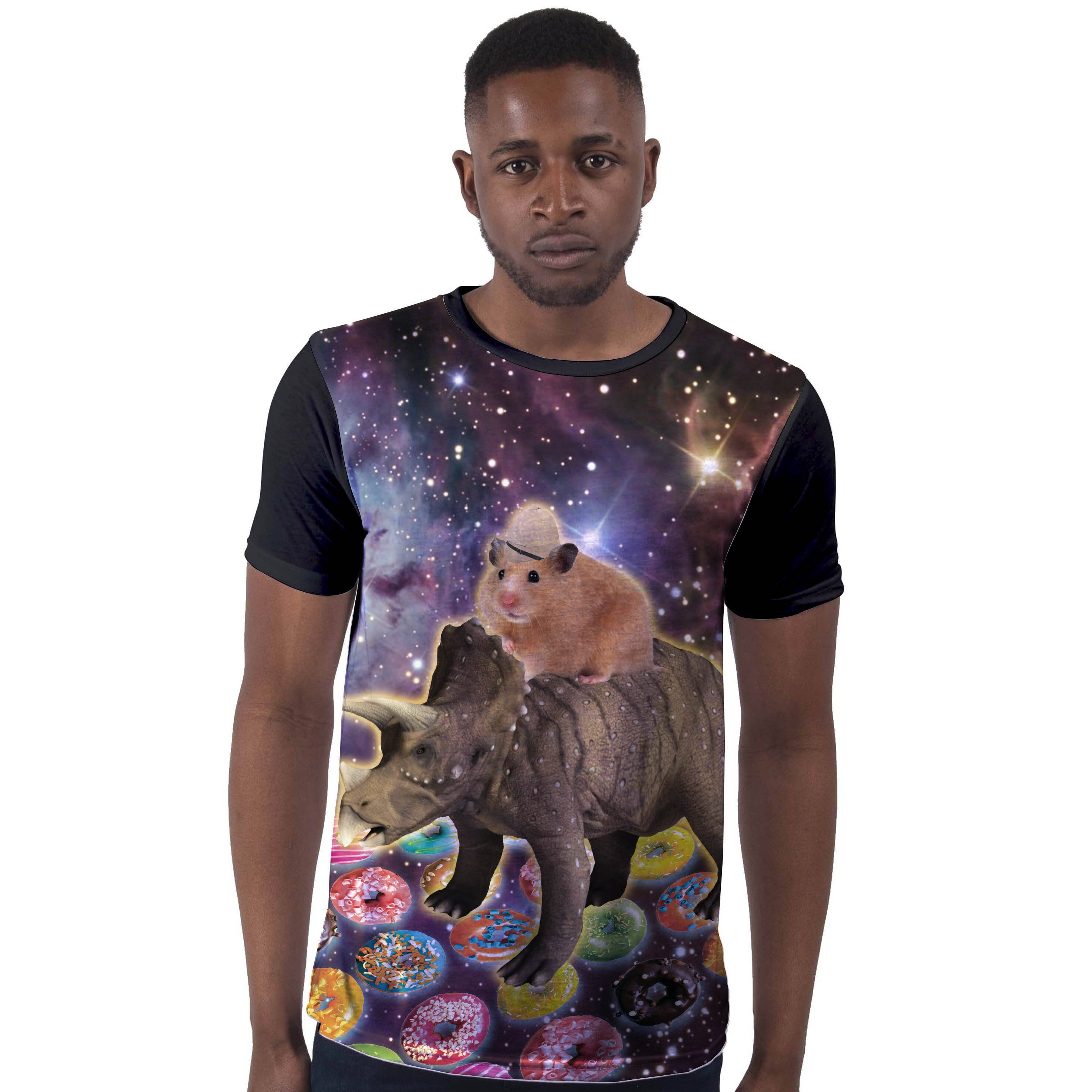 Image of Hamster Riding Dinosaur T Shirt, Hamster, Festival Clothing, Men Dinosaur in Space, Womans Shirt