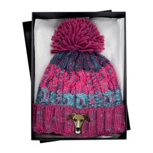 Greyhound Pom Pom Bobble Beanie Hat - Dog Lovers Adult Unisex Embroidered Cosy Winter Woolly Knit Christmas Secret Santa Gift For Him Or Her
