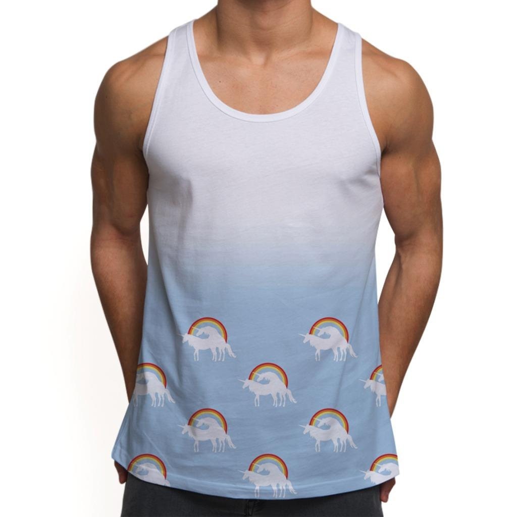 Image of Mens Tank Top Print Vest With Novelty Hipster Unicorn Rainbows Design For Festival Or Gym