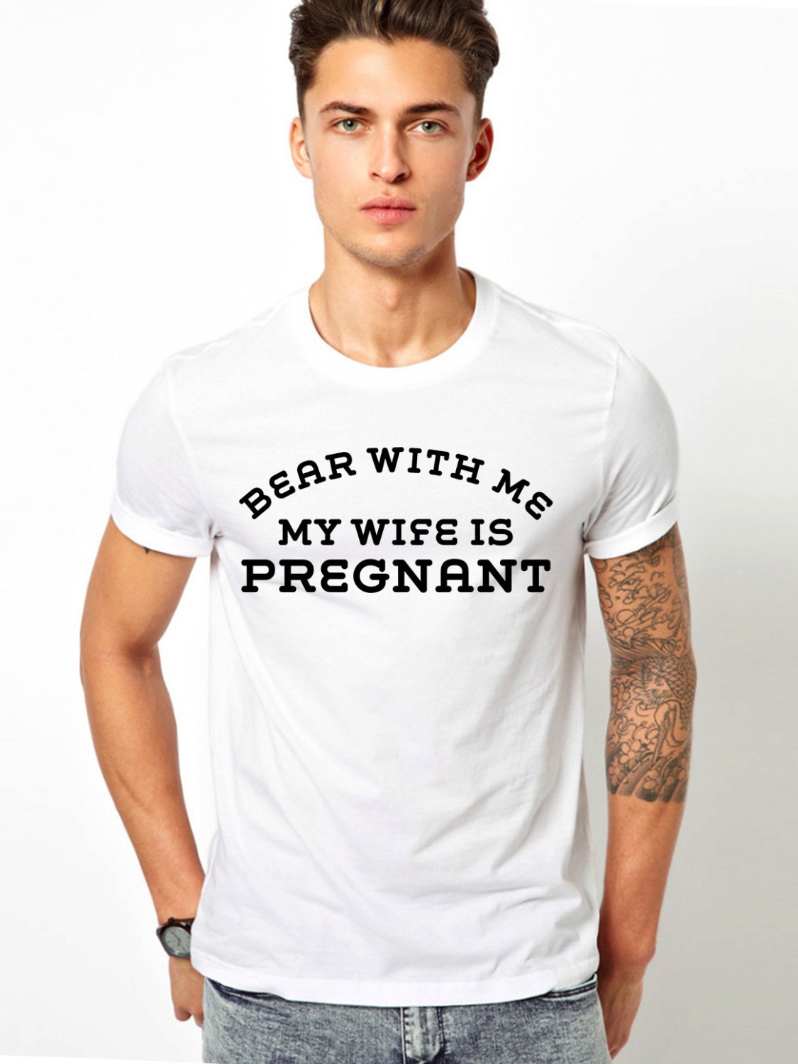 Image of Funny Men's T Shirt Bear With My Wife Is Pregnant Pregnancy Birthday Gift Present