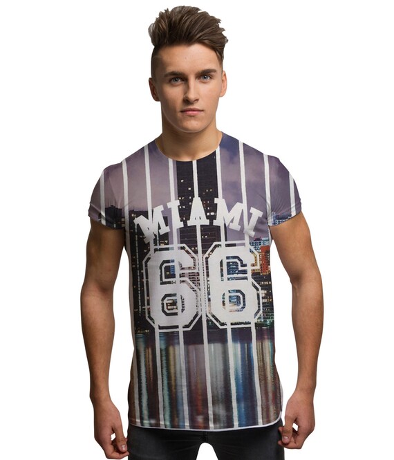 Mens Cotton Blend Summer Miami South Beach Print Top T Shirt Vest Size S M L XL