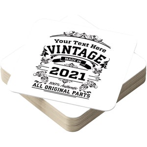 Personalised Beer Mats Birthday Decorations Packs of 24 48 96 Recyclable Square Cardboard Gifts ORIGINAL PARTS Add Name Year WHITE