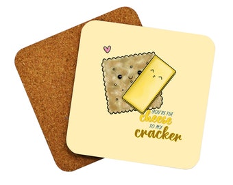 Cute Coaster Set For Valentines Day Gifts Pack of 4 Non Slip Cork Drink Coasters For Her Him Friendship Gift for Galentines Cheese & Cracker