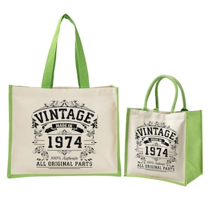 50th Birthday Original Vintage Jute Bag Keepsake Gift For Her Birth Year 1974 Gift Bag Shopper Travel Bag Available in 4 Colours & 2 Sizes Green