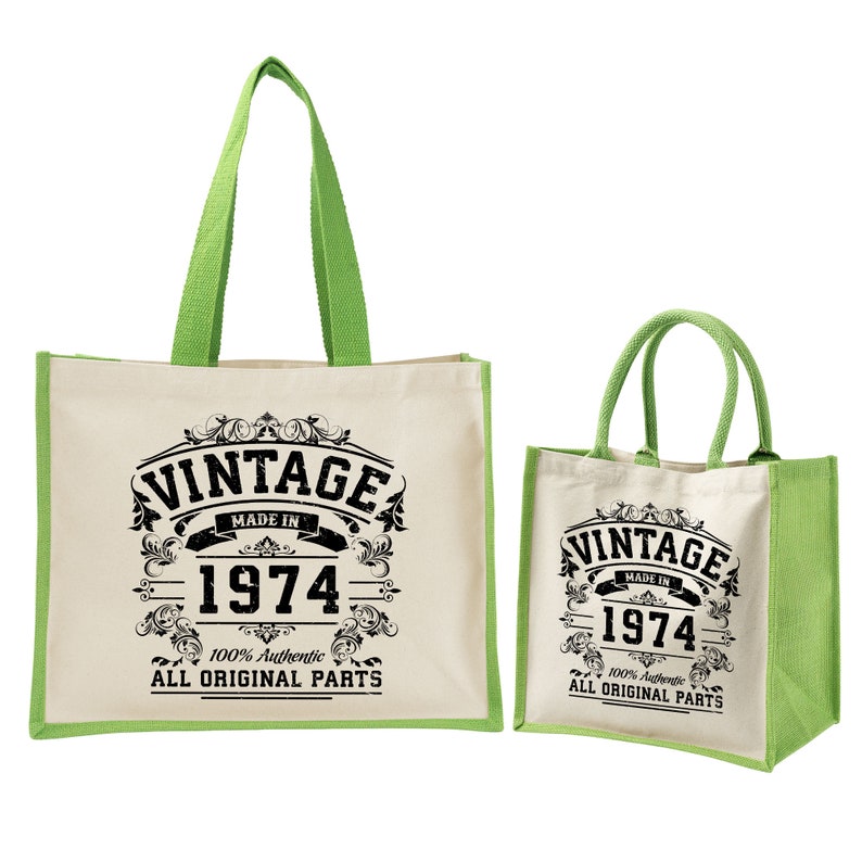 50th Birthday Original Vintage Jute Bag Keepsake Gift For Her Birth Year 1974 Gift Bag Shopper Travel Bag Available in 4 Colours & 2 Sizes Green